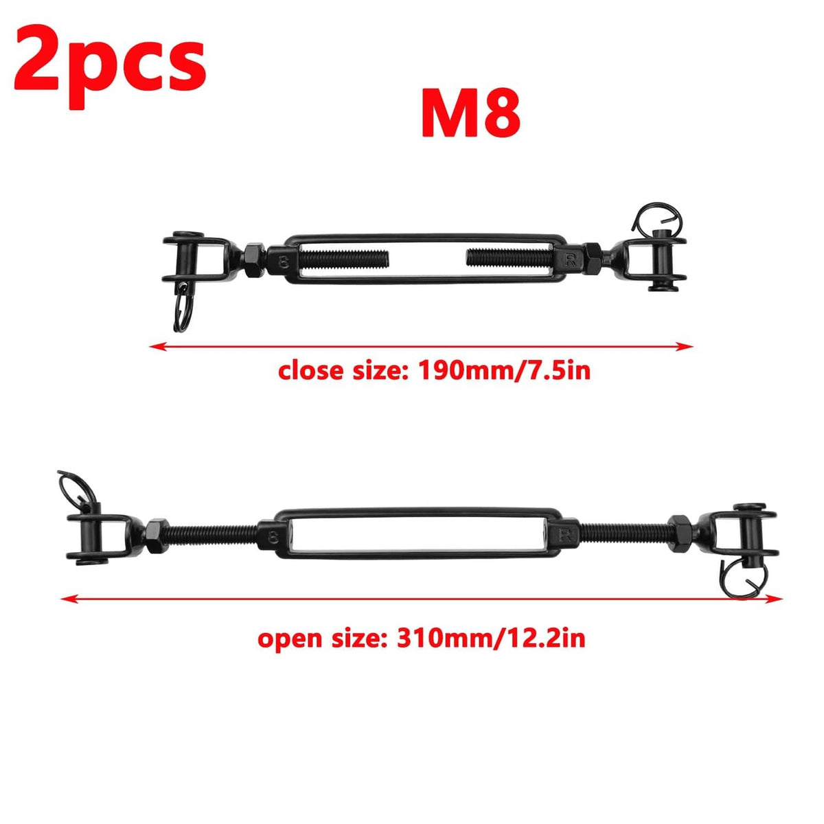 Black M8 turnbuckle hook with jaw ends and threaded adjustment rods