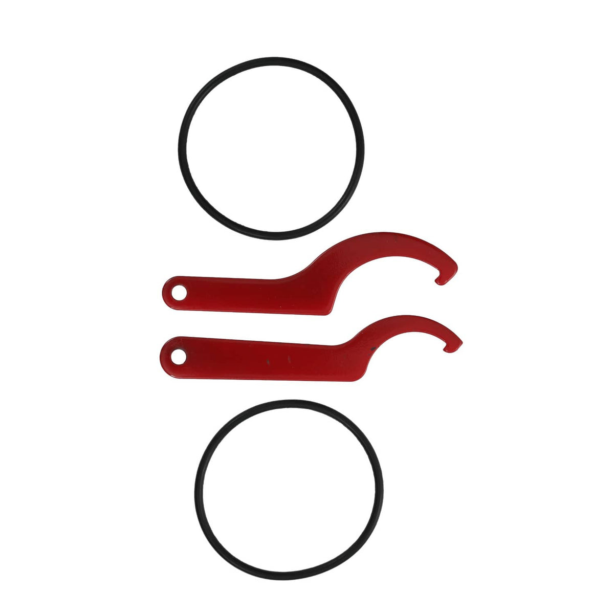 Red suspension link arms and two black rubber sealing rings included