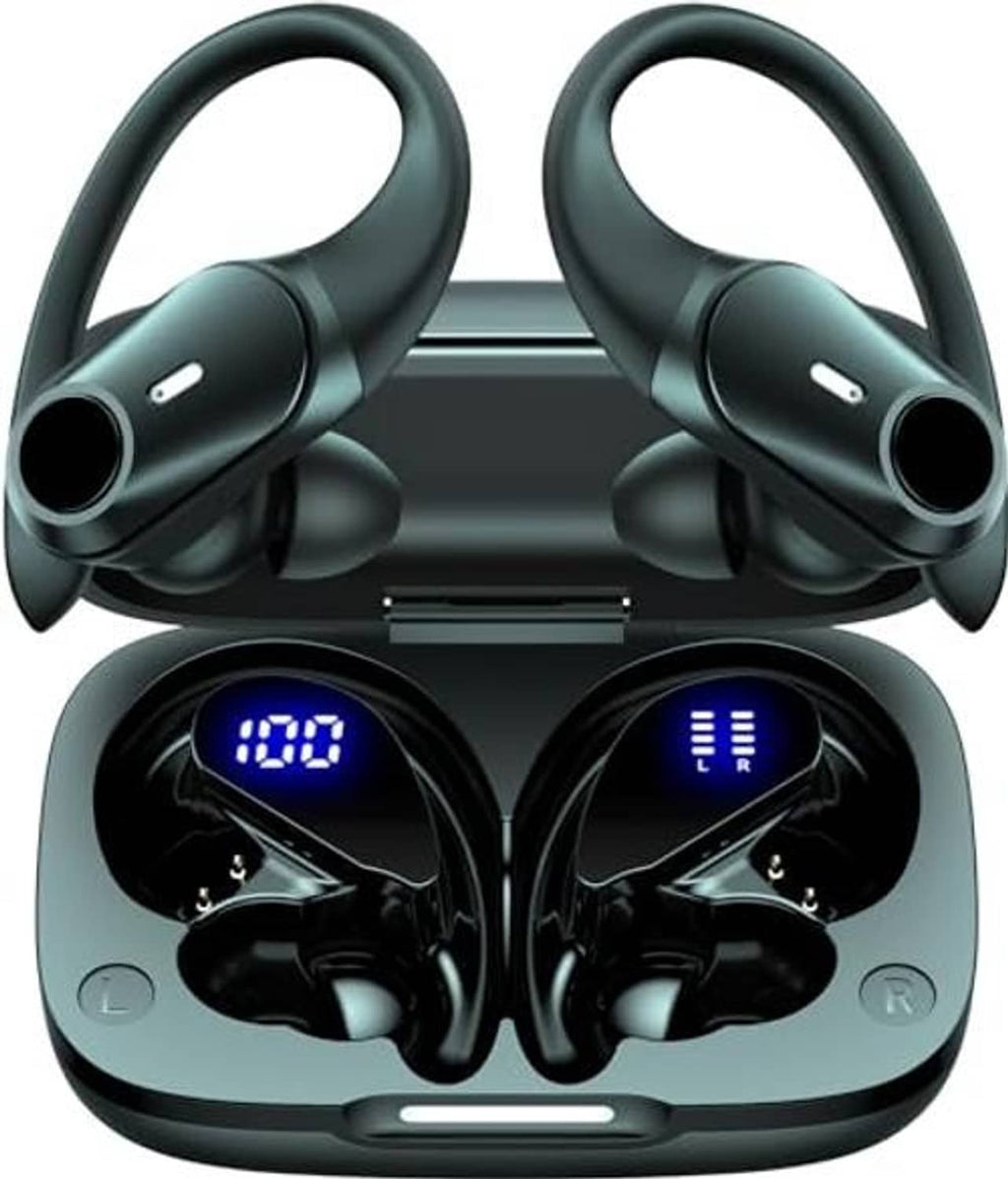 Black wireless earbuds in open charging case with blue LED display on each earbud
