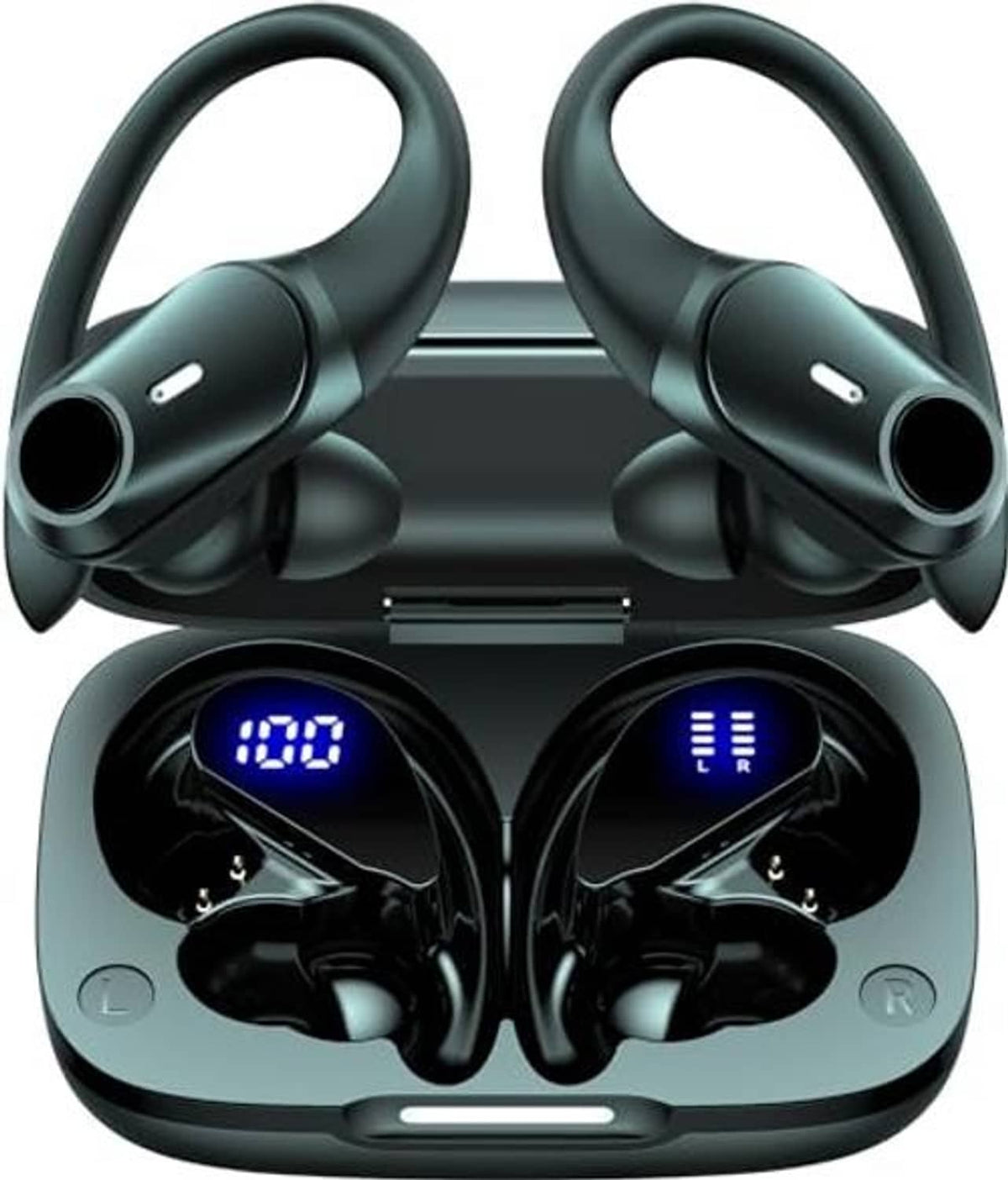 Black wireless earbuds in open charging case with blue LED display on each earbud