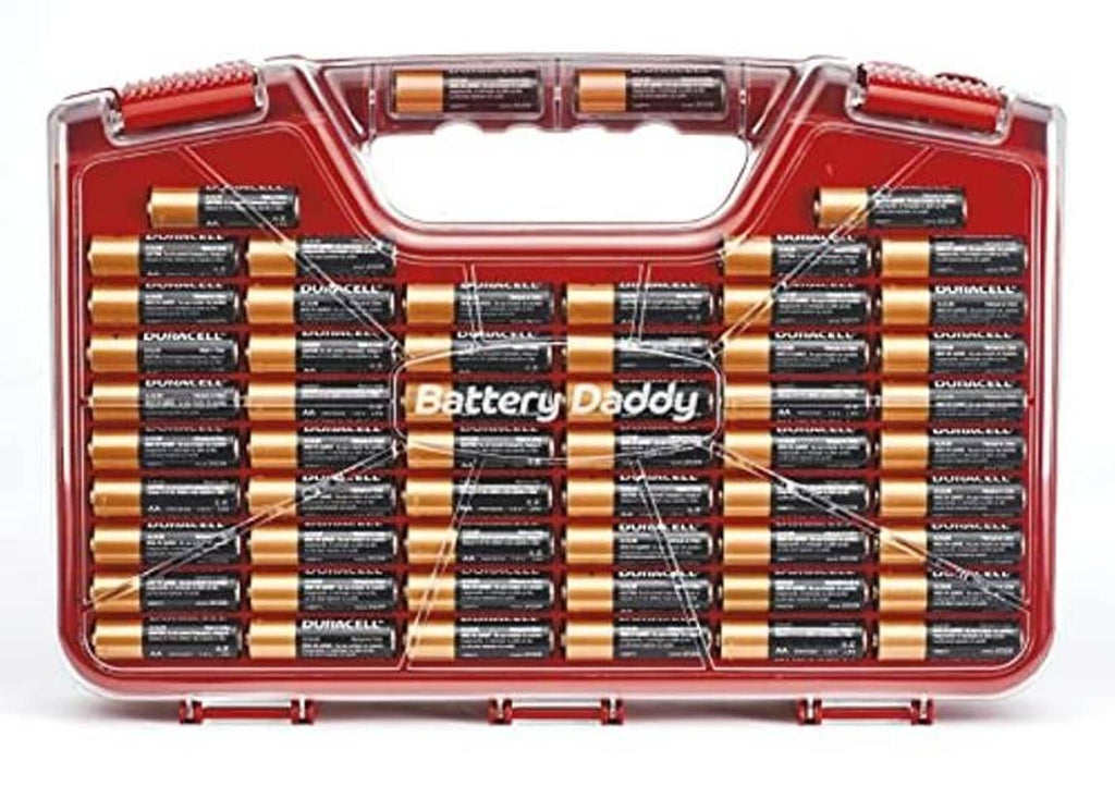 Red battery organizer case with clear top window, batteries stored neatly in rows