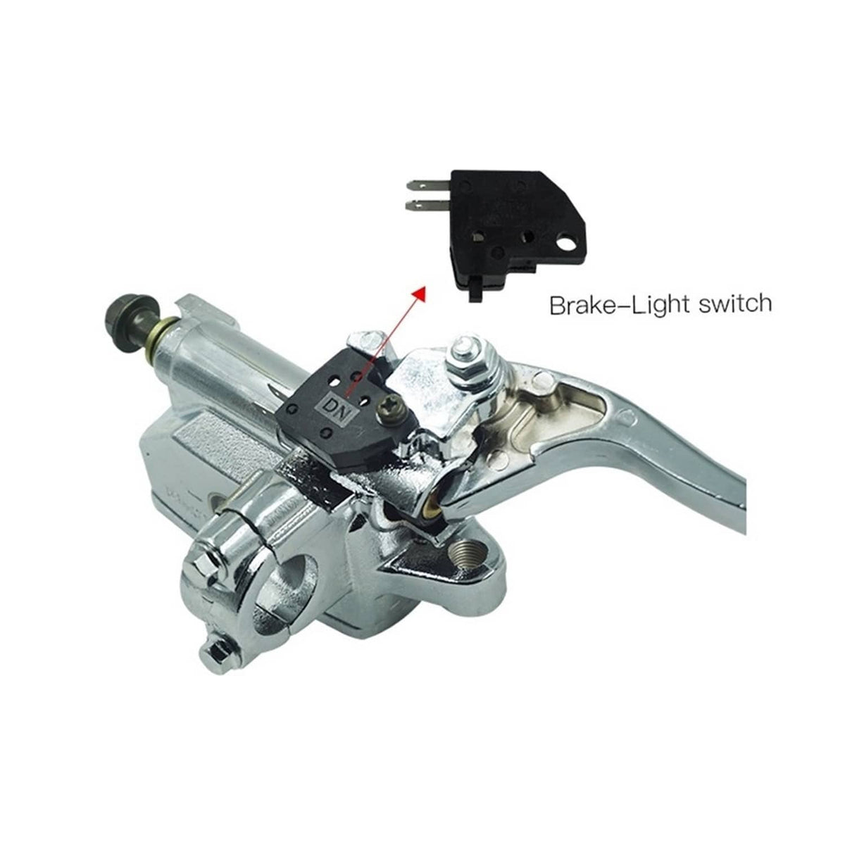 Hydraulic brake master cylinder with lever, switch wiring, and mount base