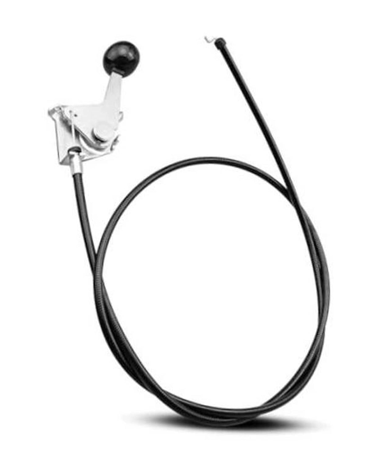 Throttle control cable assembly with white metal bracket and black cable, black knob