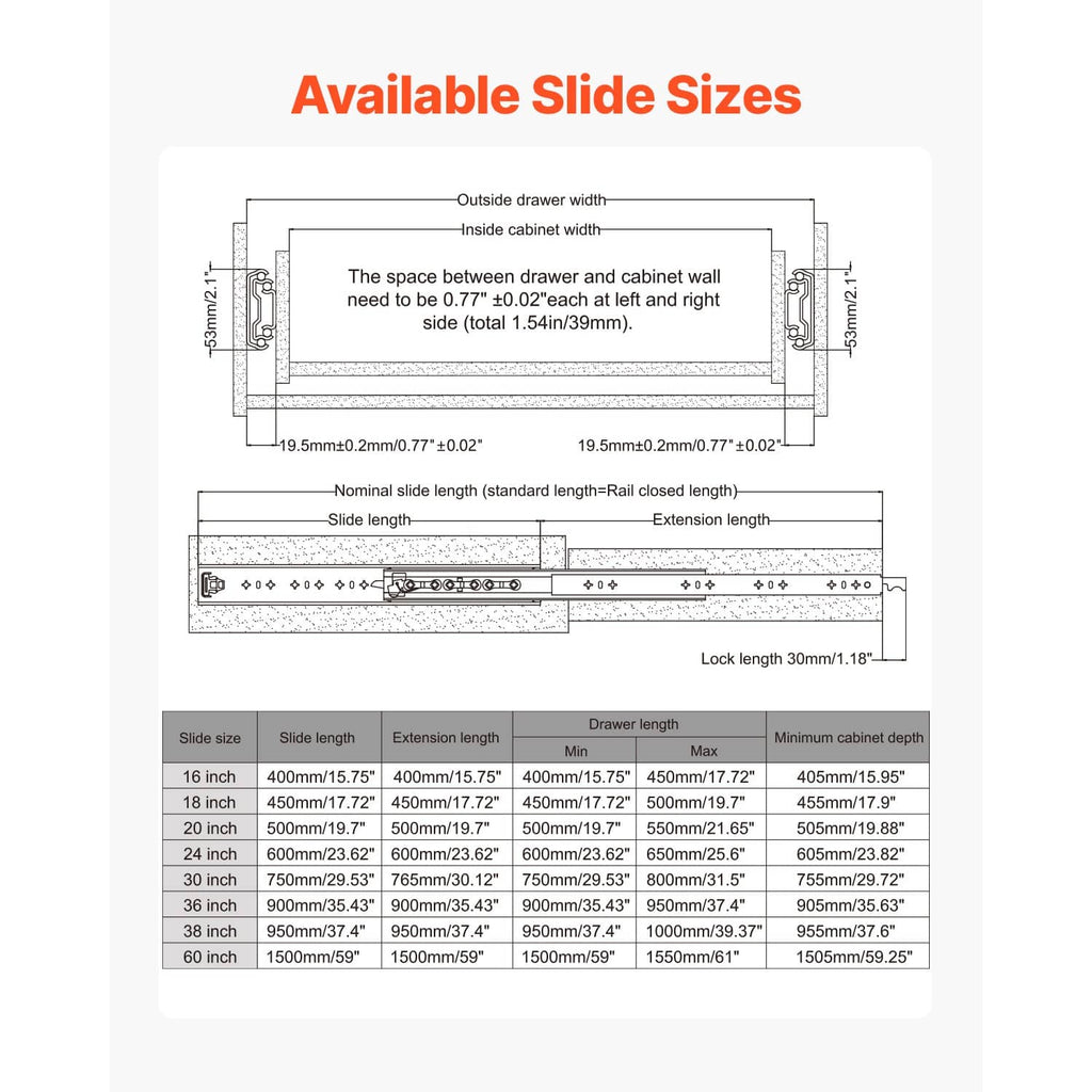 Drawer slide size chart diagram with rail dimensions and lock length callout