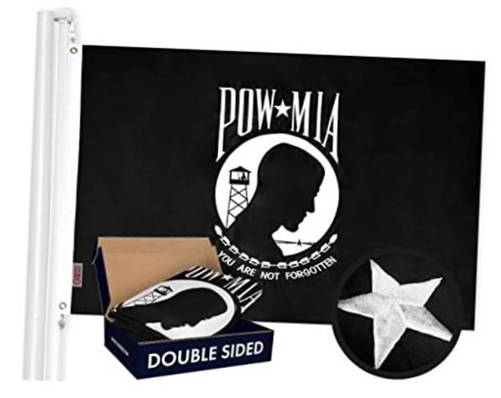 Double-sided POW-MIA flag with black field, POW profile, and white star graphic