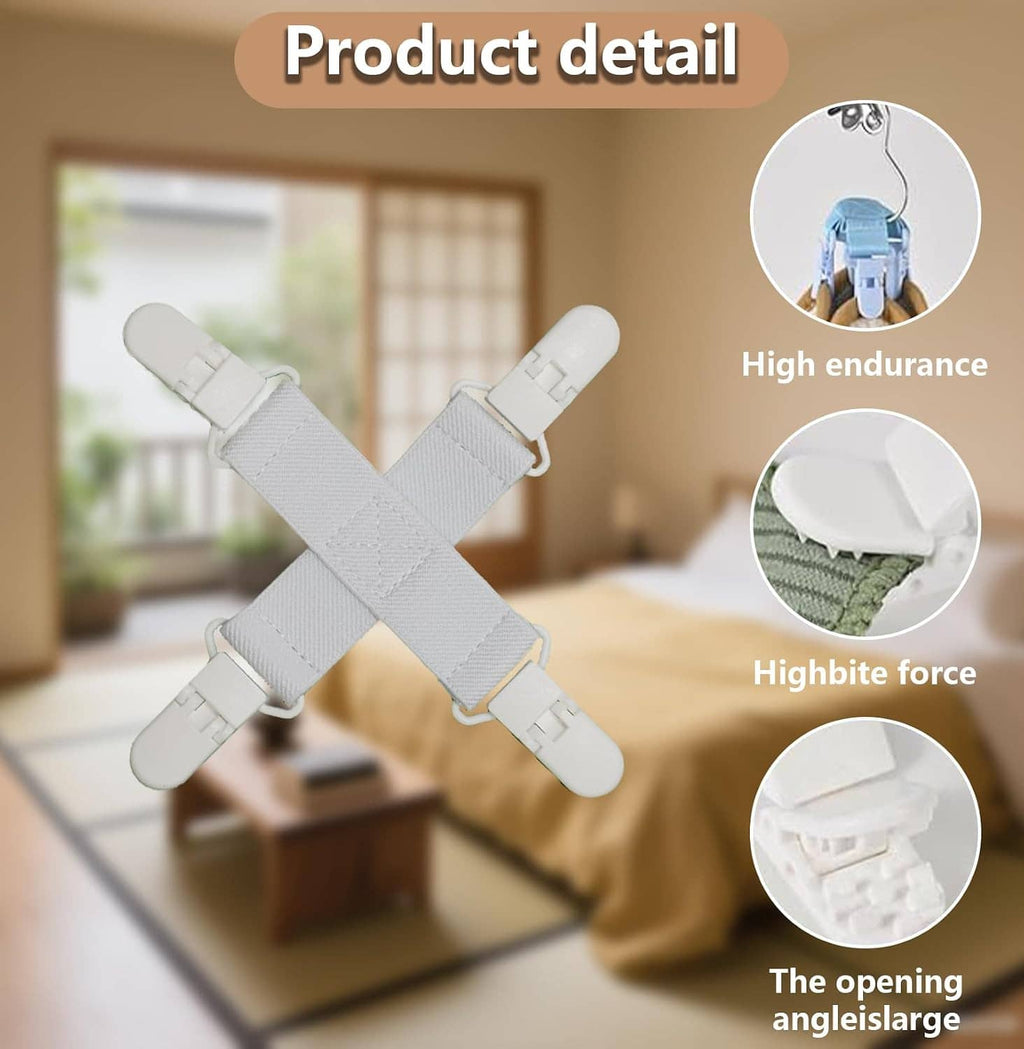 White bed sheet detangler clip with four arms and locking tabs detail