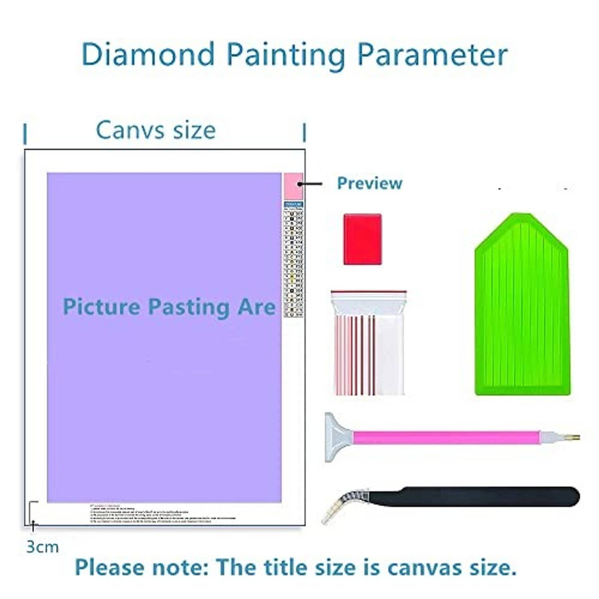 Diamond painting canvas size diagram with preview sheet and tools