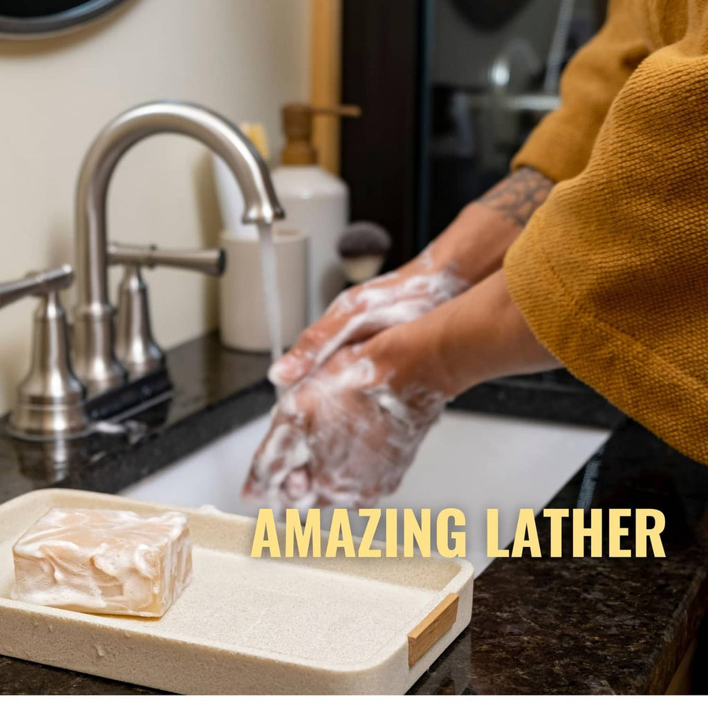 Soap bar and thick lather during hand washing at bathroom sink