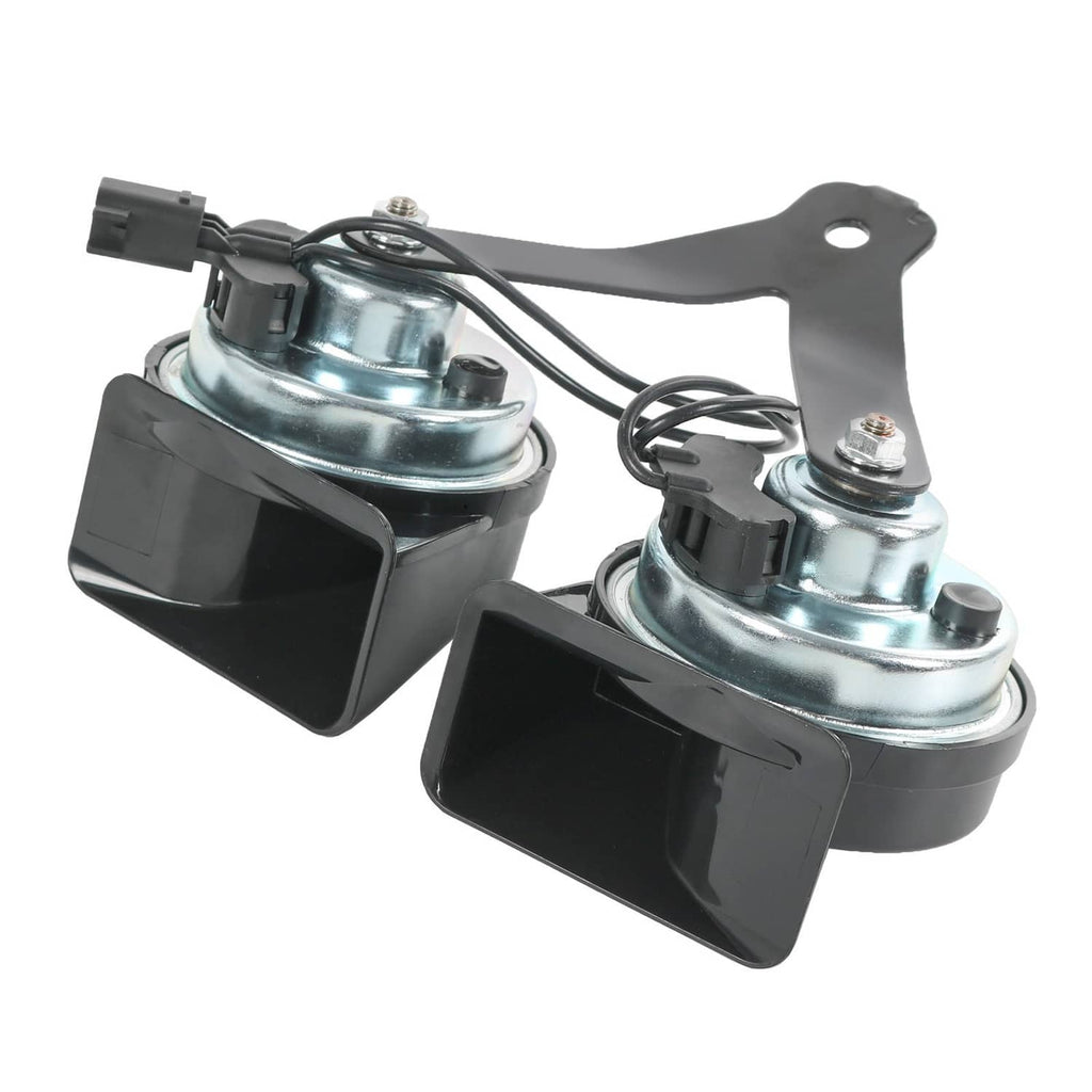 Dual horn assembly with two black horn trumpets and metal compressor housings