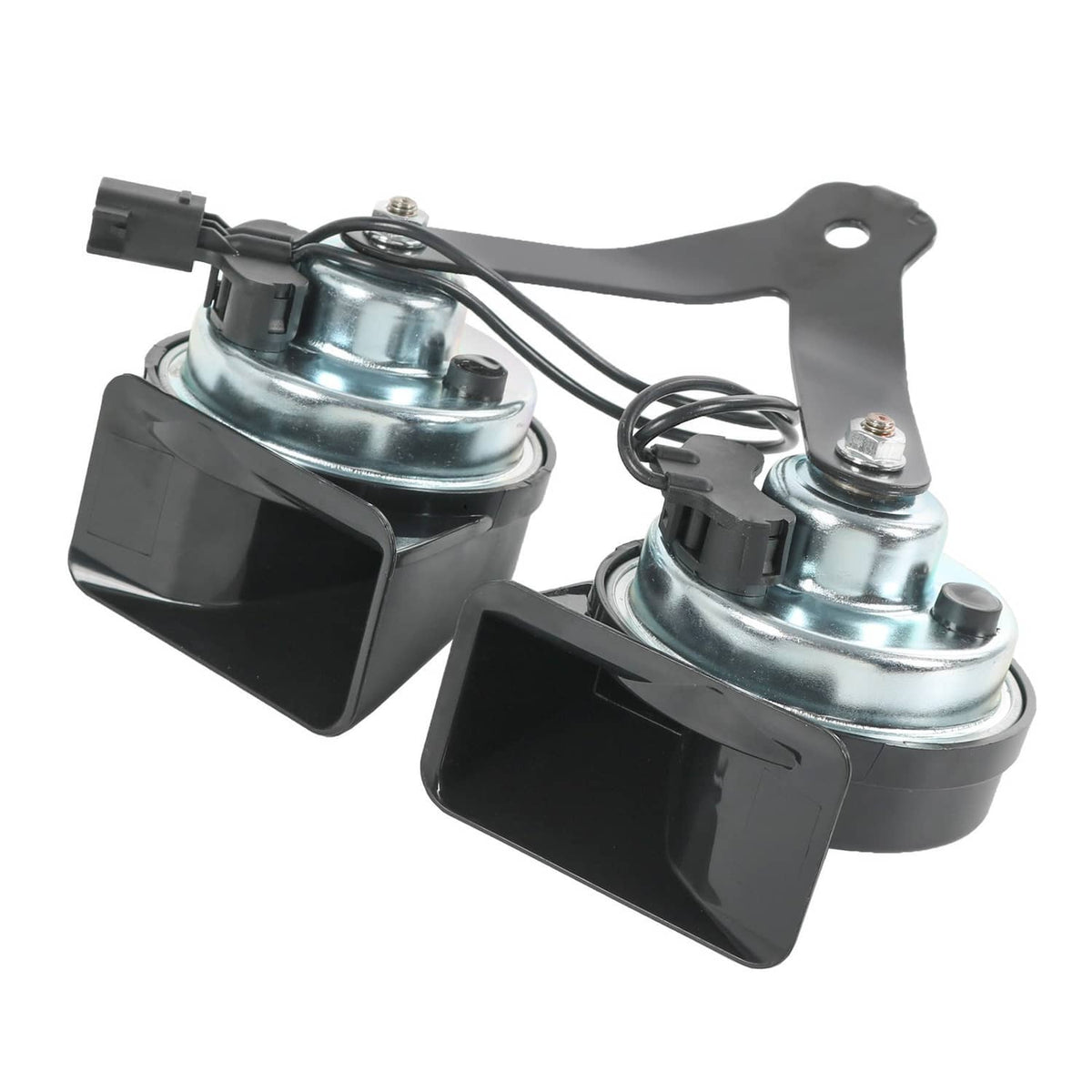 Dual horn assembly with two black horn trumpets and metal compressor housings