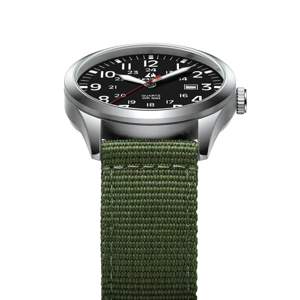 Men's military sport analog watch top-front view, silver case, black dial, green nylon strap