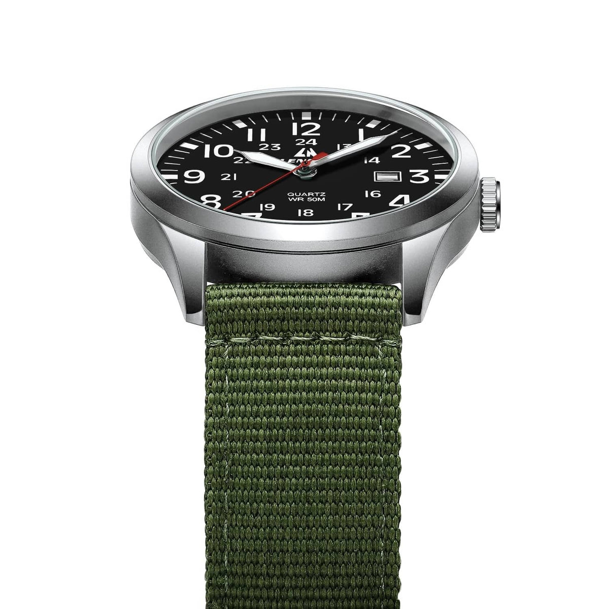 Men's military sport analog watch top-front view, silver case, black dial, green nylon strap