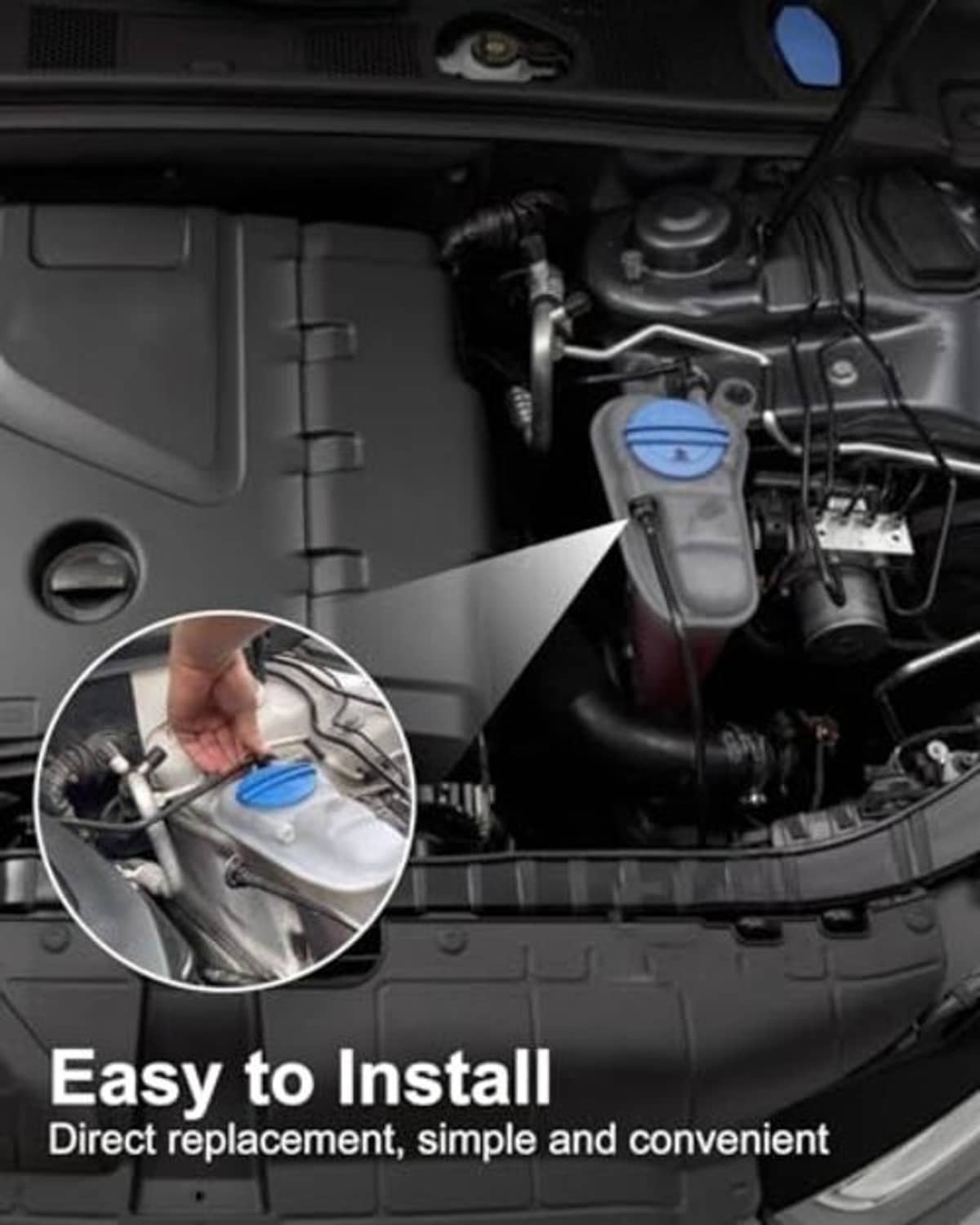 Engine compartment view: black coolant overflow hose connected to reservoir