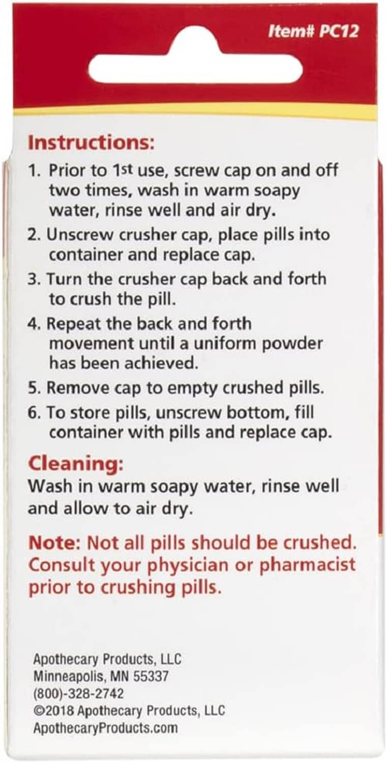 Pill crusher and container box with step-by-step usage instructions