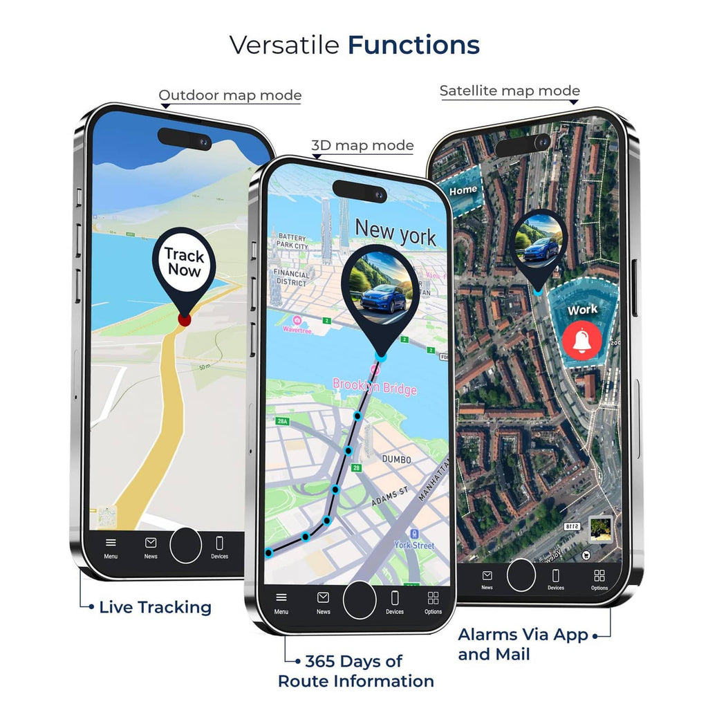 GPS tracker app screens showing live map tracking and route information