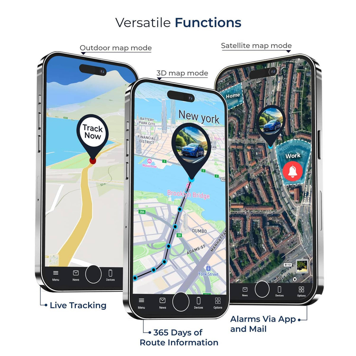 GPS tracker app screens showing live map tracking and route information