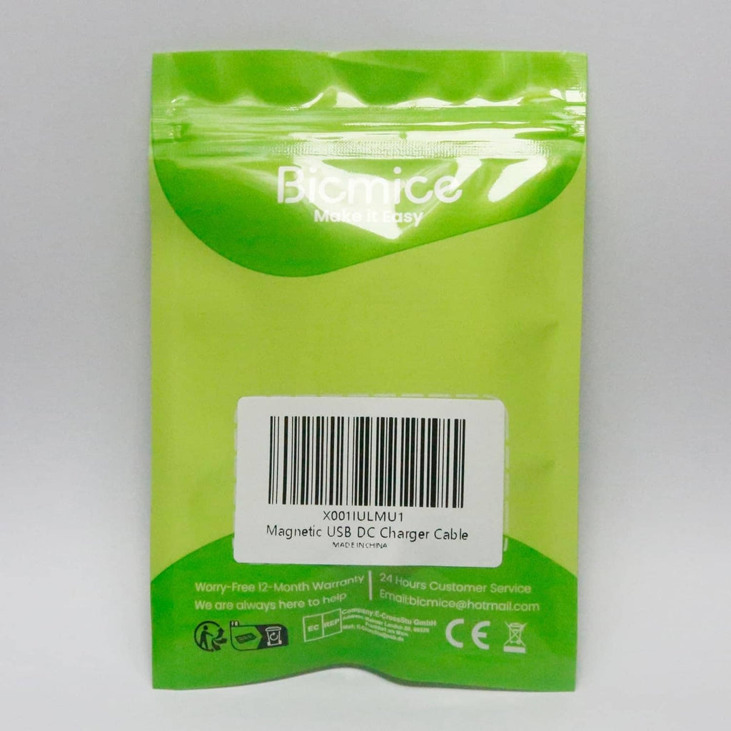 Back of package with barcode for magnetic USB DC charging cable