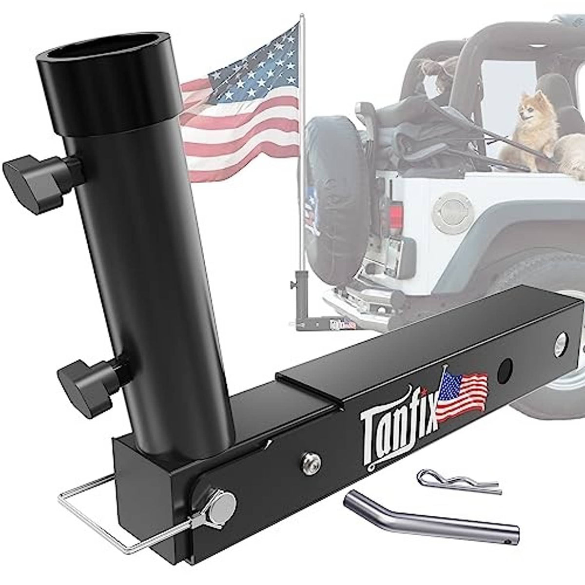 Foldable black hitch mount flagpole holder with two knobs and steel base plate