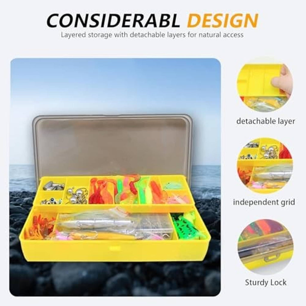 Fishing lure tackle box kit open with yellow base, layered detachable compartments