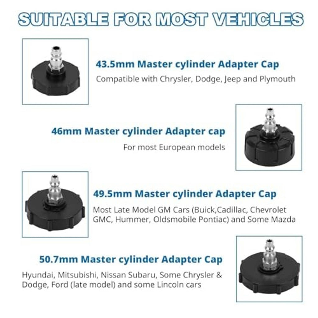Master cylinder adapter caps set: black caps with metal fittings for various sizes