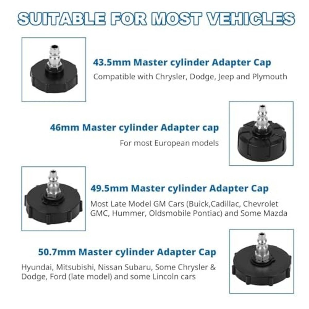Master cylinder adapter caps set: black caps with metal fittings for various sizes