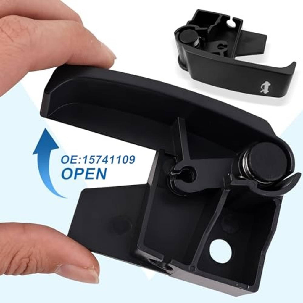 Black hood release handle with spring-loaded latch and mounting base