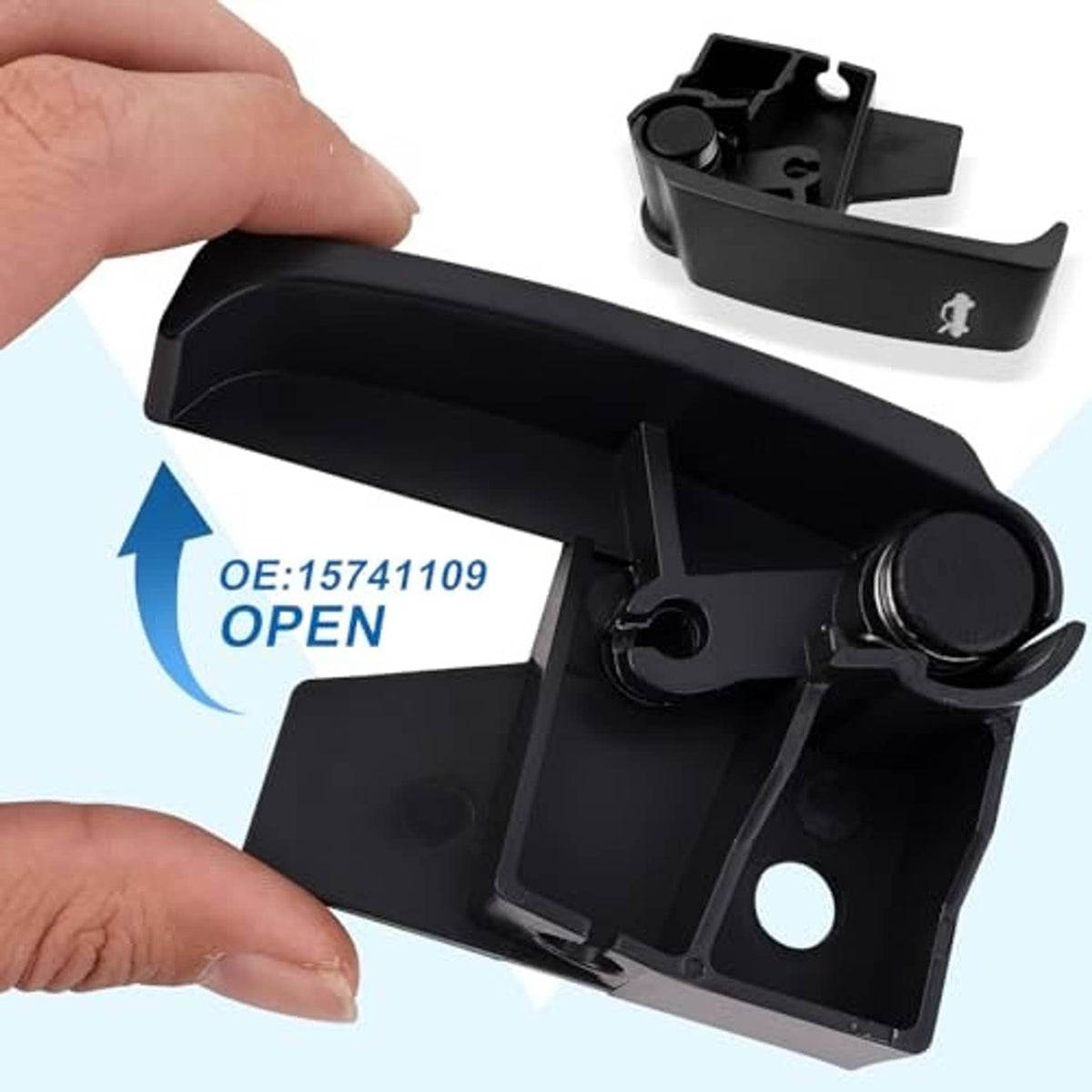 Black hood release handle with spring-loaded latch and mounting base