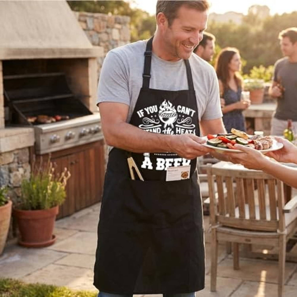 Black waterproof apron with beer graphic, dual pockets, worn by man serving food.
