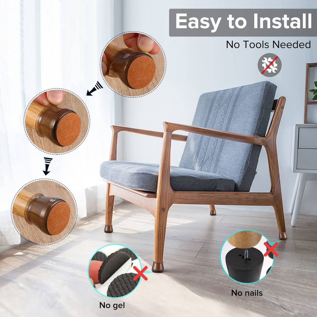 Black silicone chair leg covers installed on chair legs without tools or nails