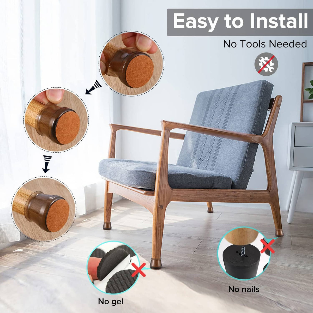 Black silicone chair leg covers installed on chair legs without tools or nails
