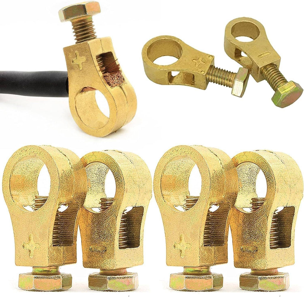 Pure copper battery terminal clamps with threaded studs and nuts, two-piece set