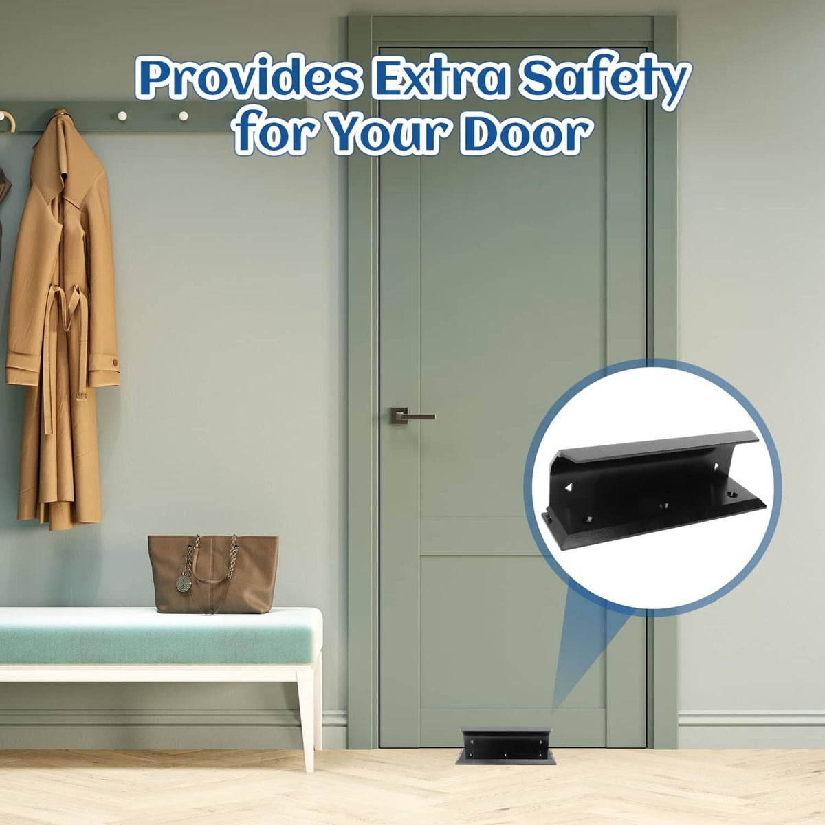 Black door lock barricade brace installed at door base for extra security