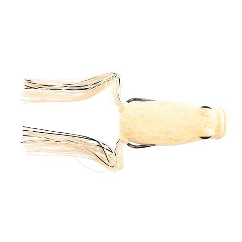 Soft frog popping fishing lure, tan frog body with long cream skirt and two hooks