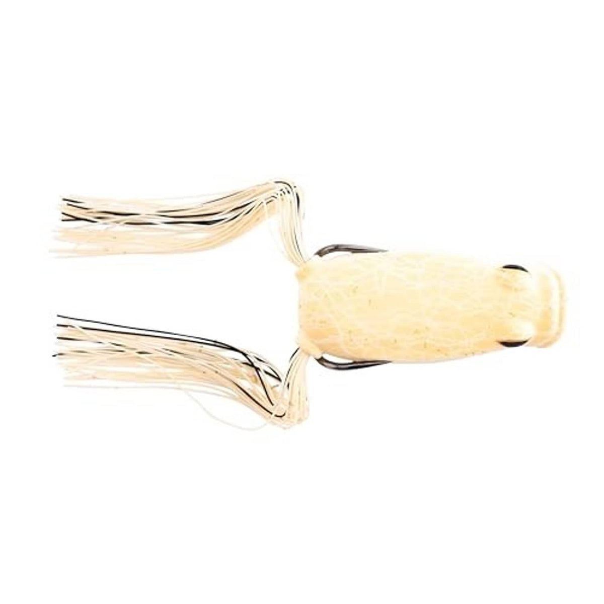 Soft frog popping fishing lure, tan frog body with long cream skirt and two hooks