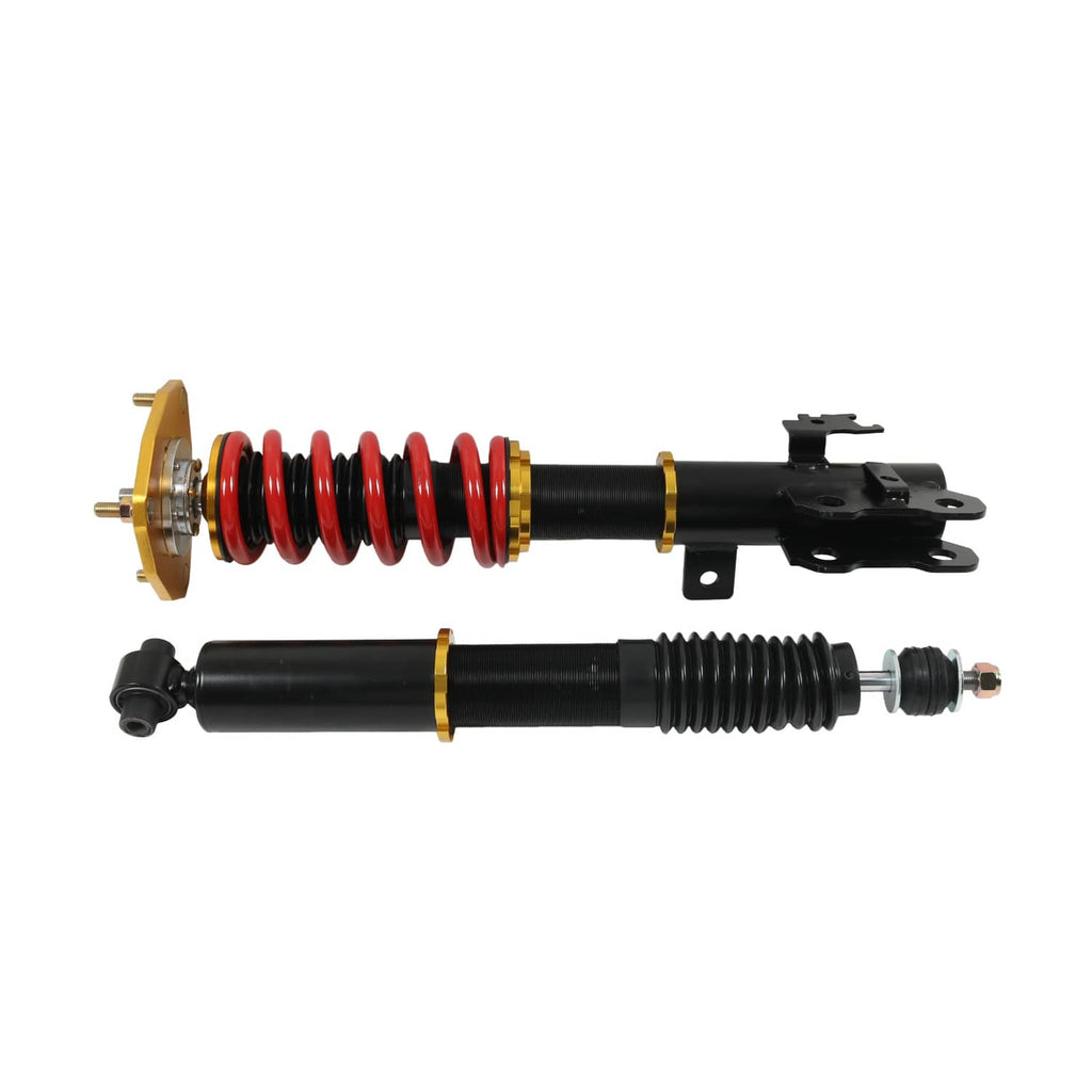 Coilover strut assembly with red coil spring, black damper, and gold mounting hardware