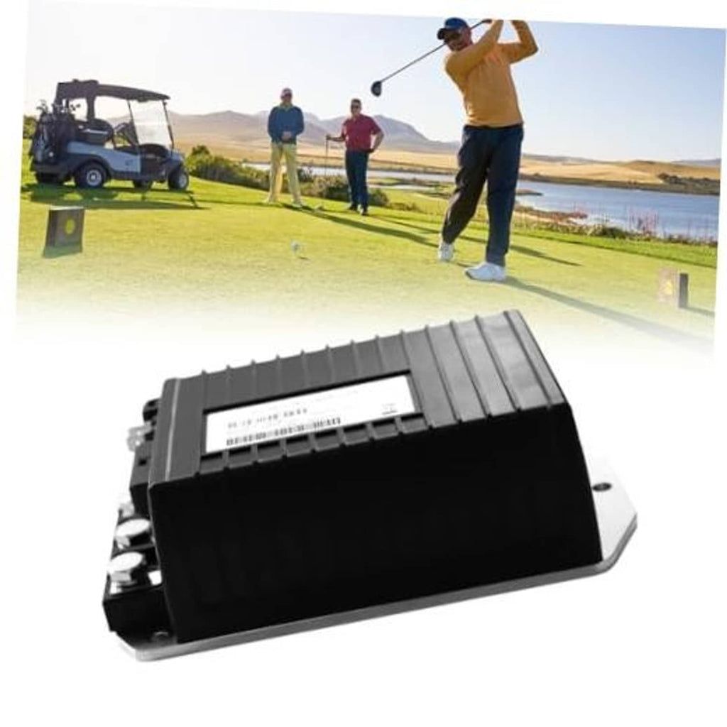 Black golf cart motor controller box with ribbed sides and side terminals.