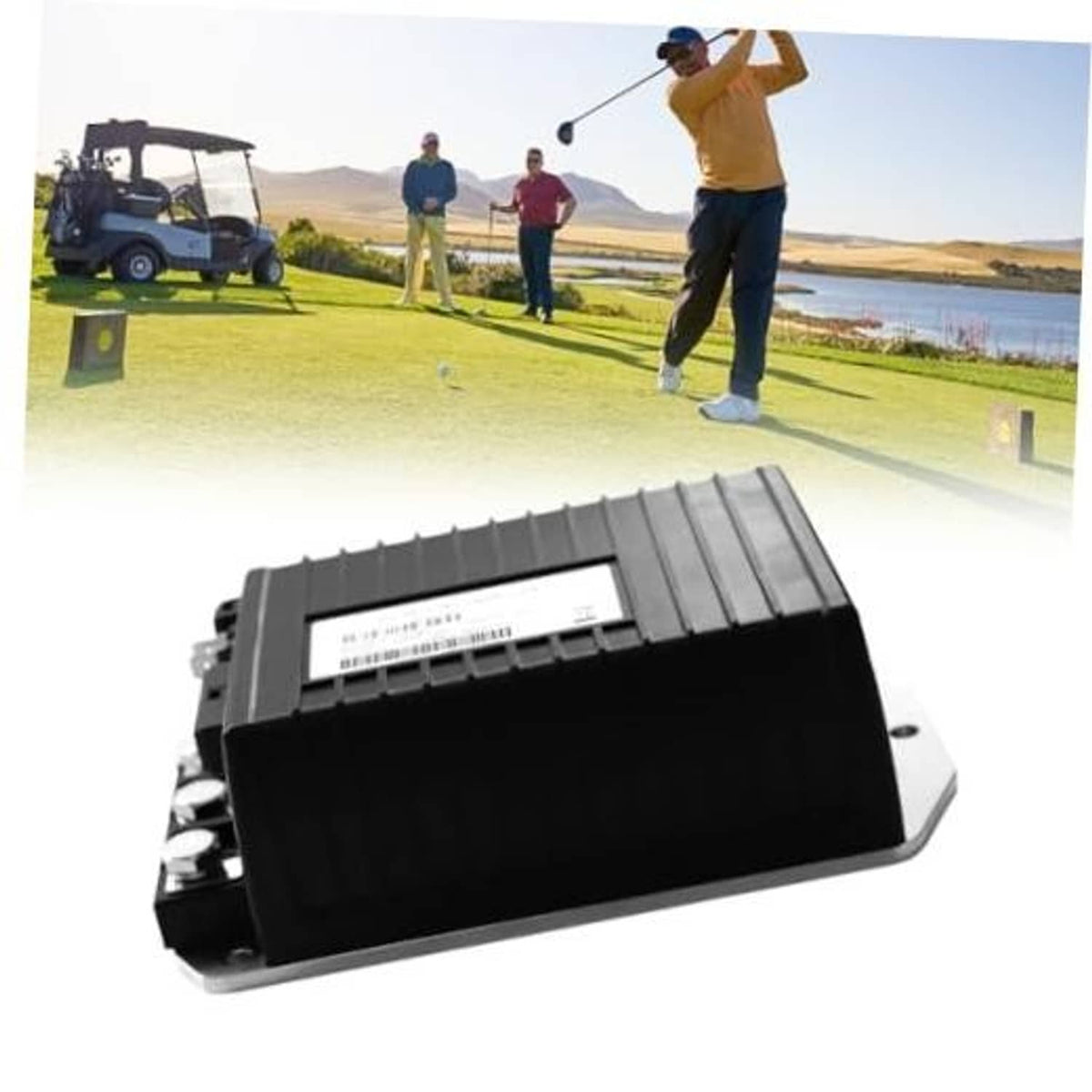 Black golf cart motor controller box with ribbed sides and side terminals.