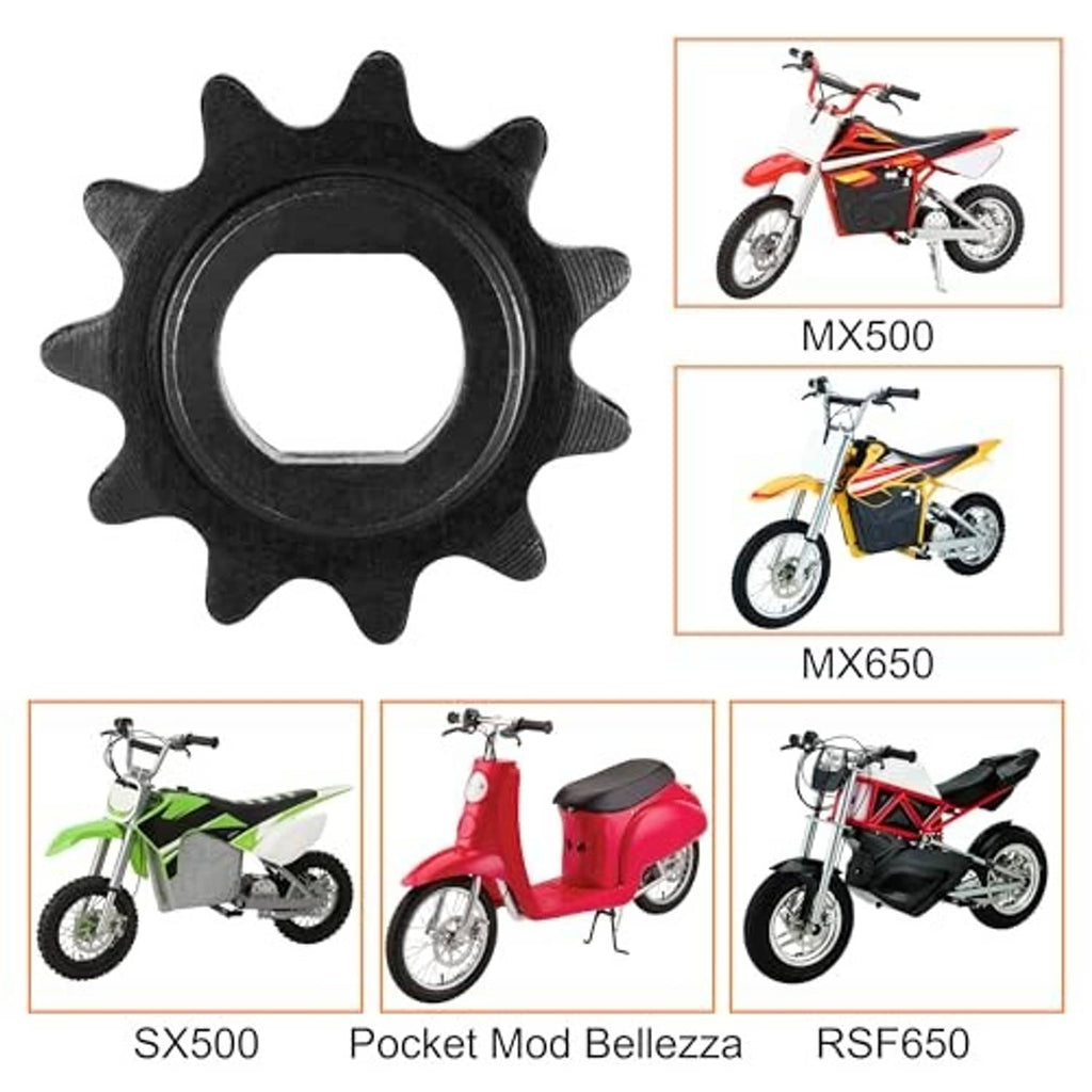 Black motor sprocket gear with center mounting hole and toothed outer ring