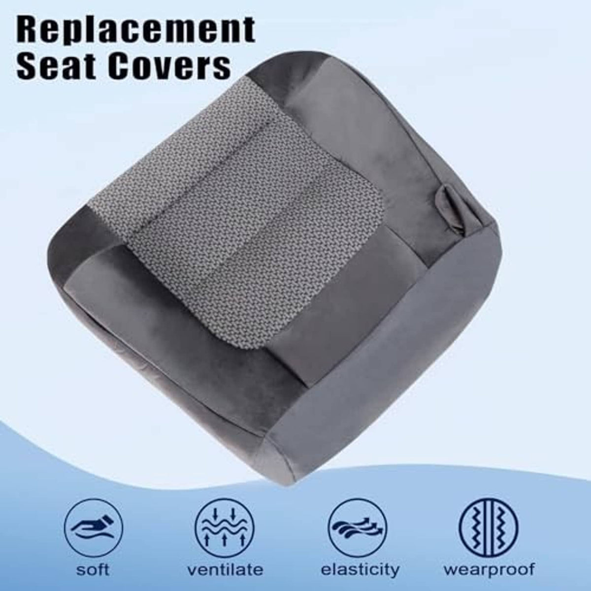 Dark gray cloth replacement seat cover with padded contours and fitted sides