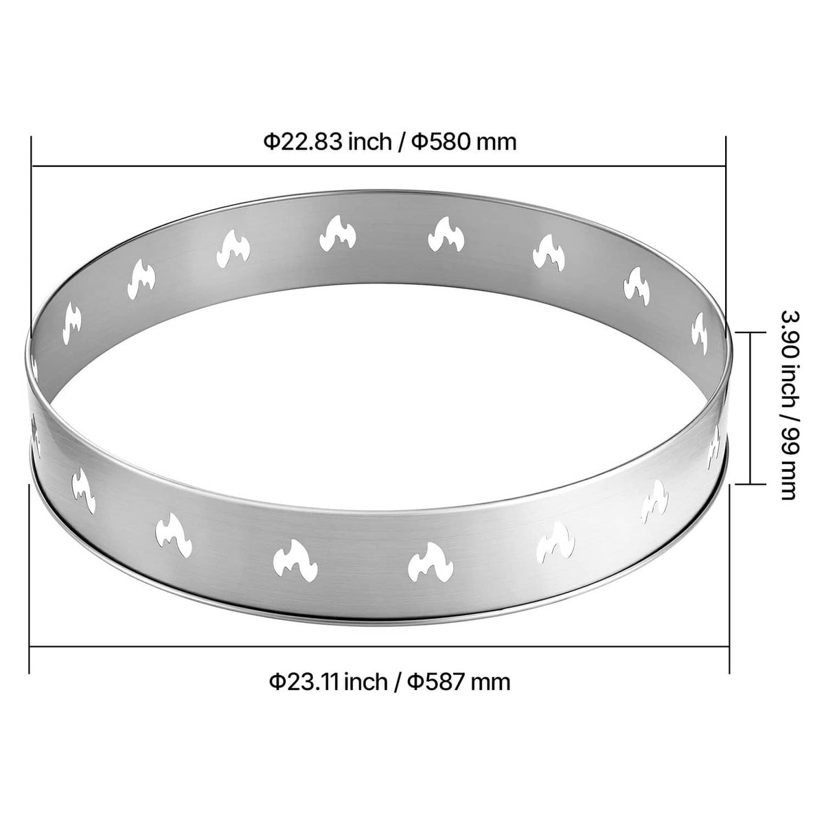 Stainless steel fire pit stand ring with flame cutout pattern, shown with measurements