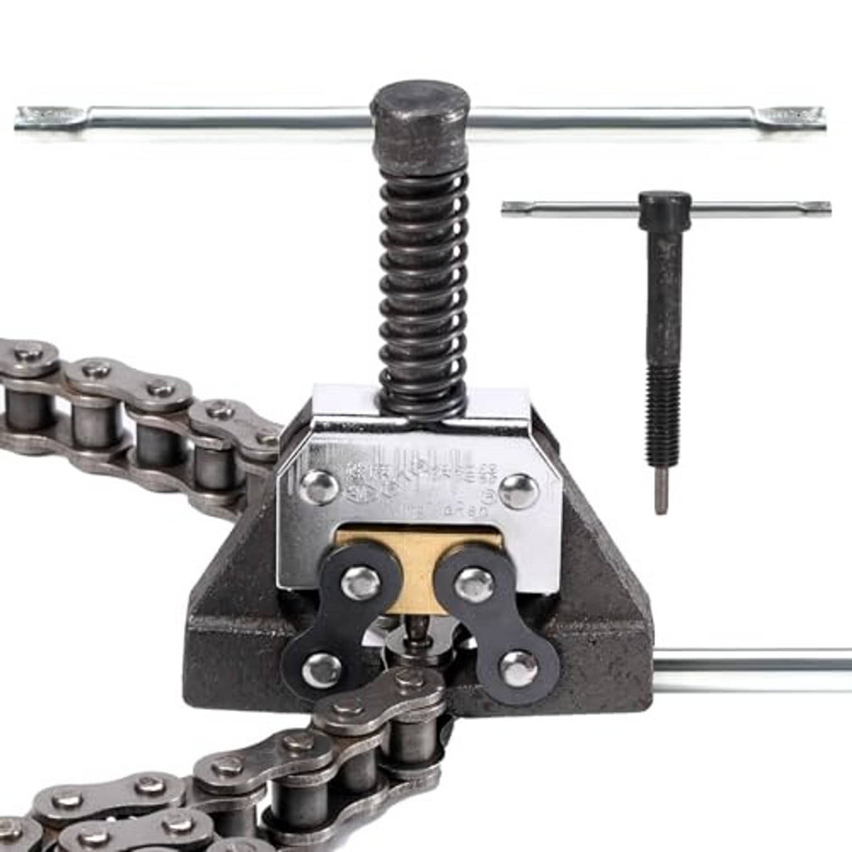 Roller chain breaker tool with steel pressing head and two guide rods
