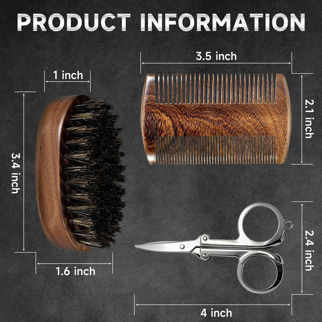 Beard brush, double-sided comb, and folding scissors with size guide