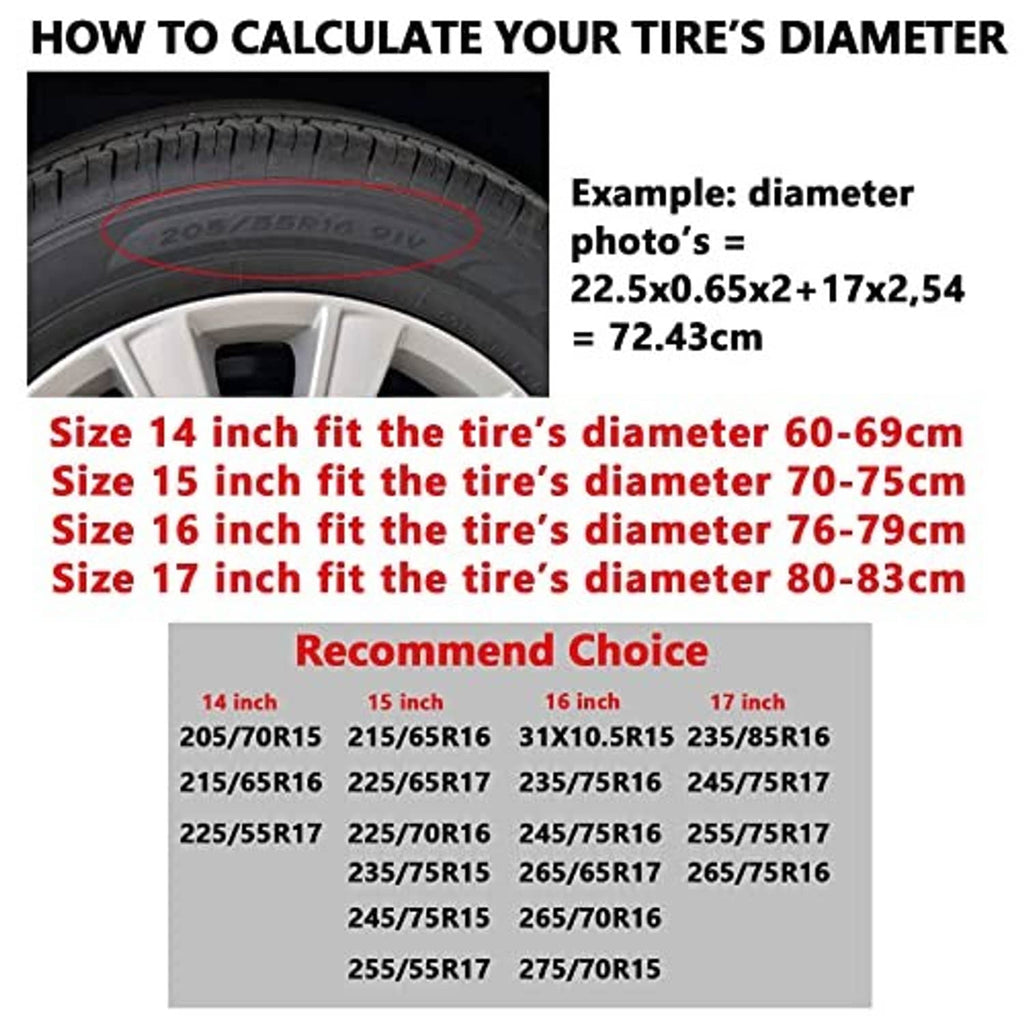 Spare tire cover size chart showing 14 to 17 inch tire diameter fit