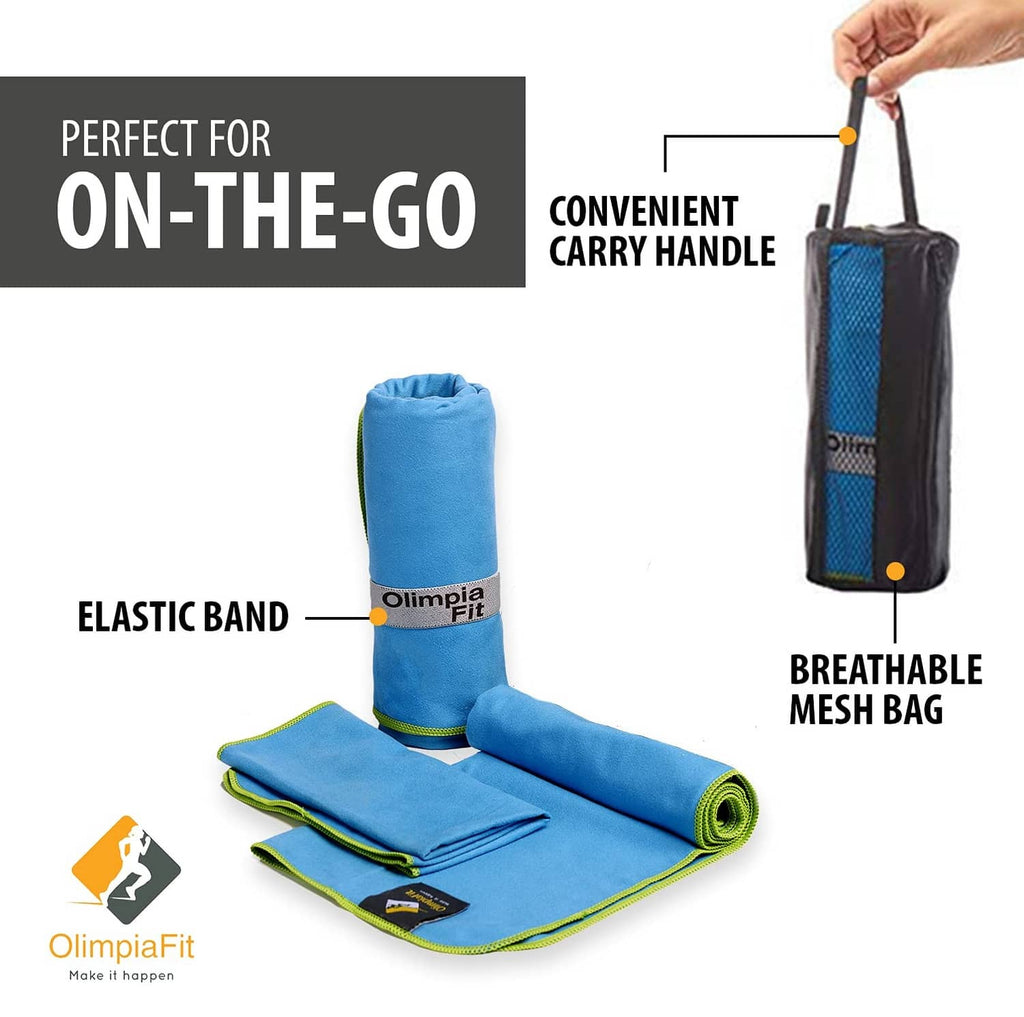 Folded microfiber towel with elastic band and breathable mesh carry bag