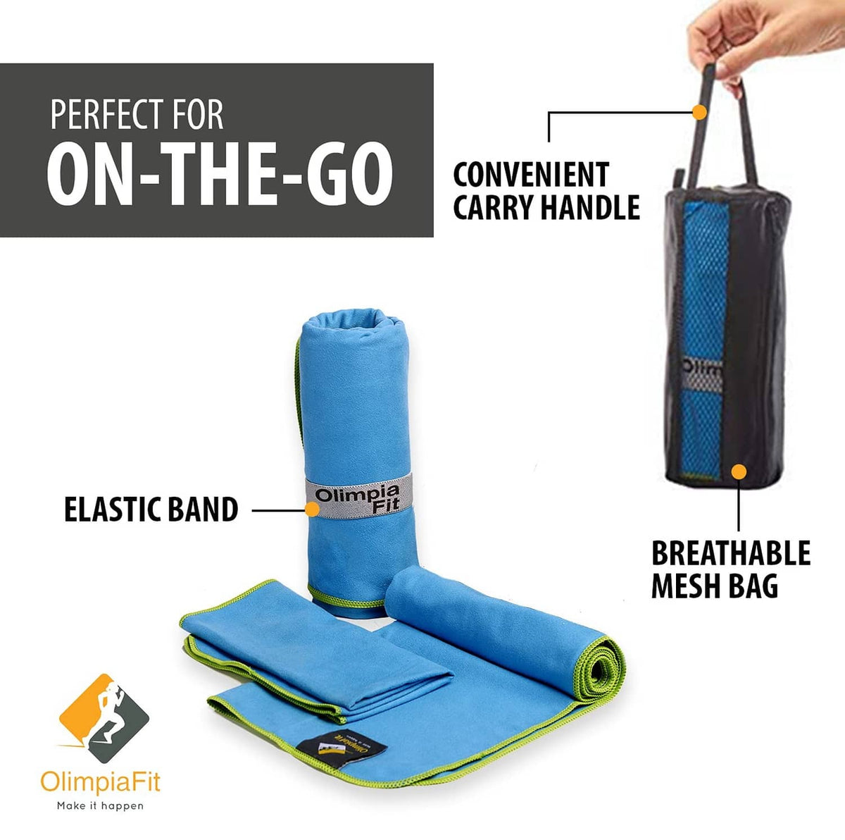 Folded microfiber towel with elastic band and breathable mesh carry bag