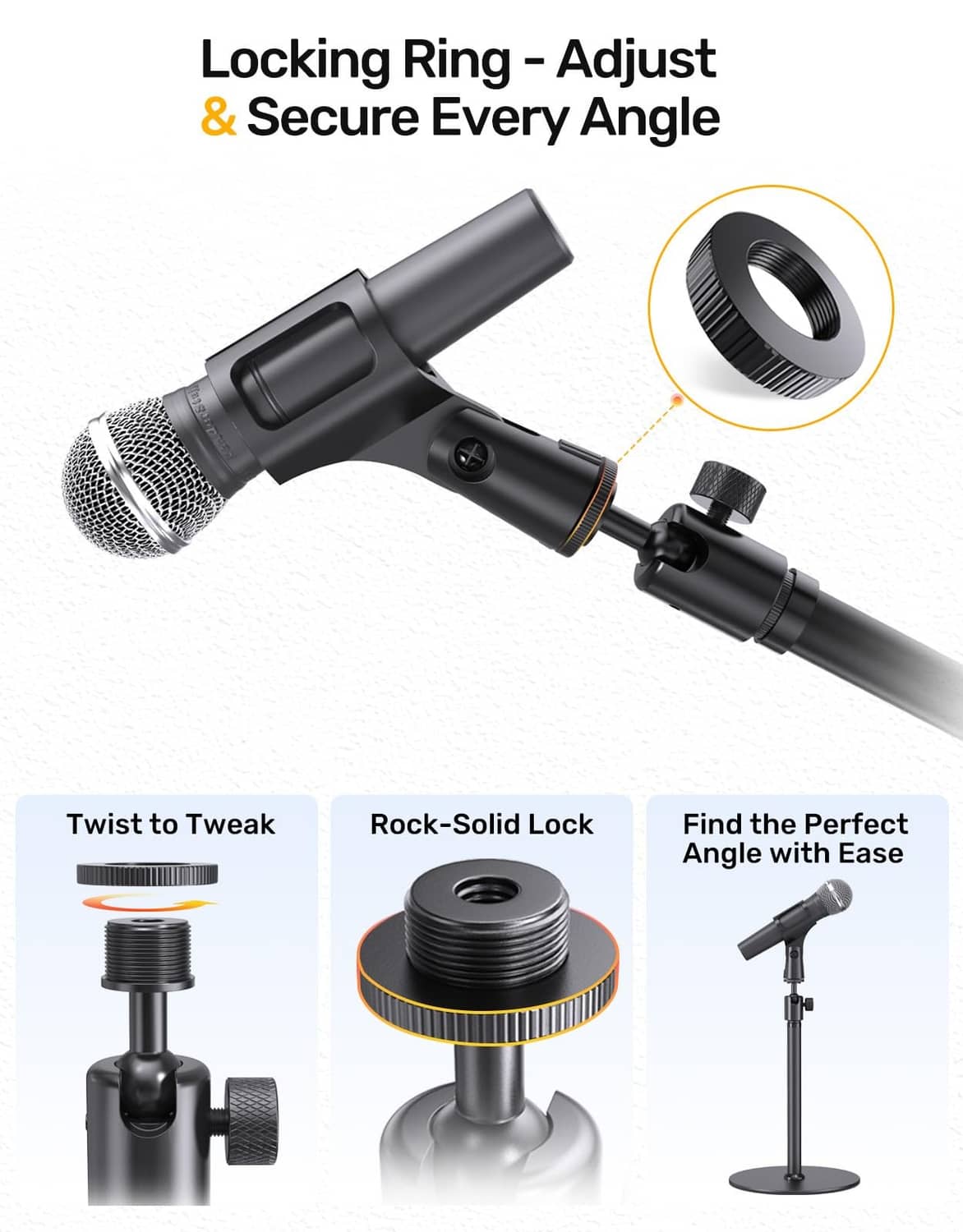 Black locking-ring mic adapter with twist-to-adjust hinge and threaded collar