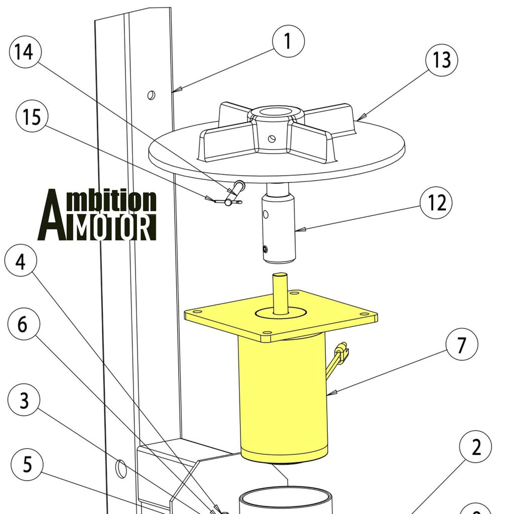 Exploded parts diagram showing salt spreader motor components and mounting base