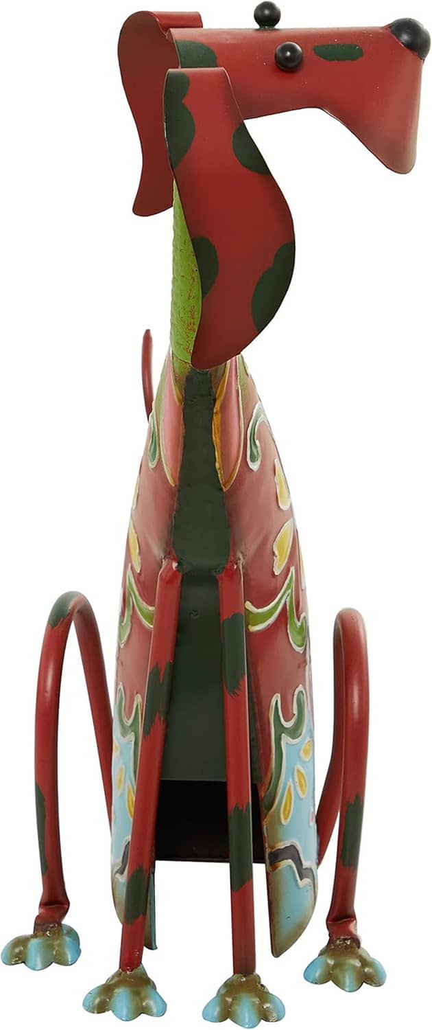 Decorative metal dog garden statue front view with red head, multicolor body, and curled tail