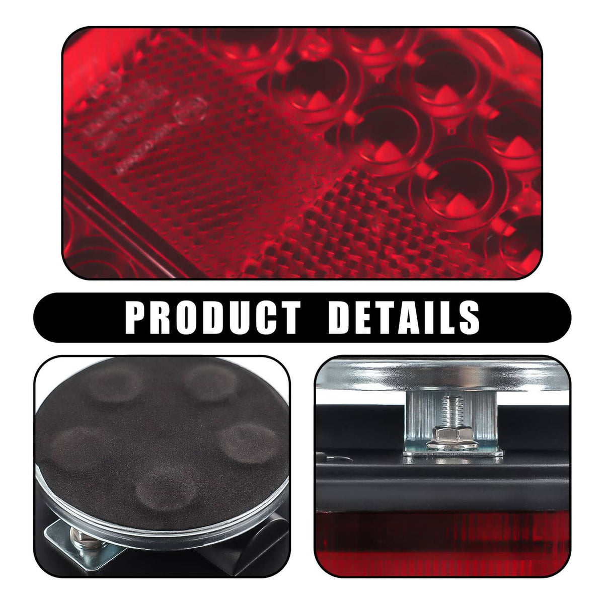Red LED tail light lens and mounting hardware close-ups for wireless magnetic kit