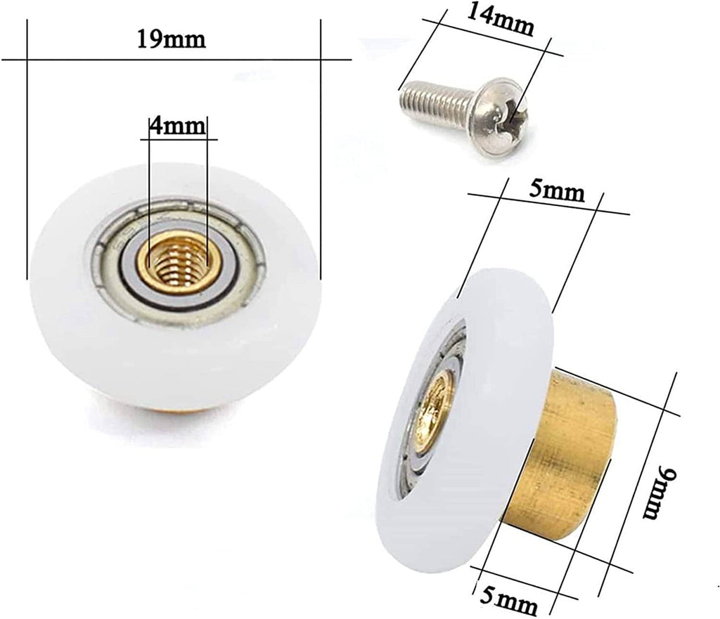 Shower door roller wheel with brass center and metal screw; 19mm diameter